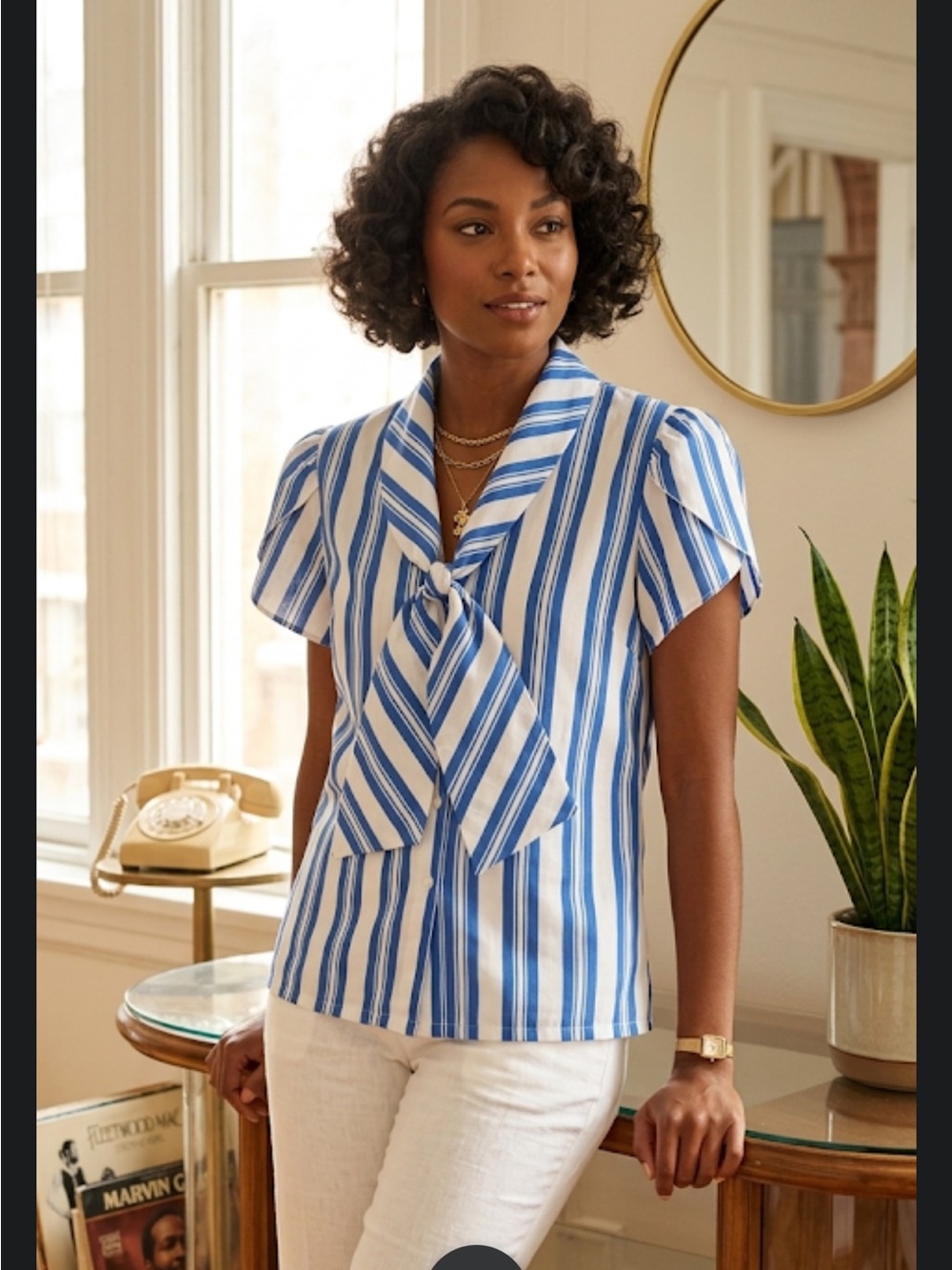 Judy Bond Vintage Striped Blue & White Tie-Neck Blouse